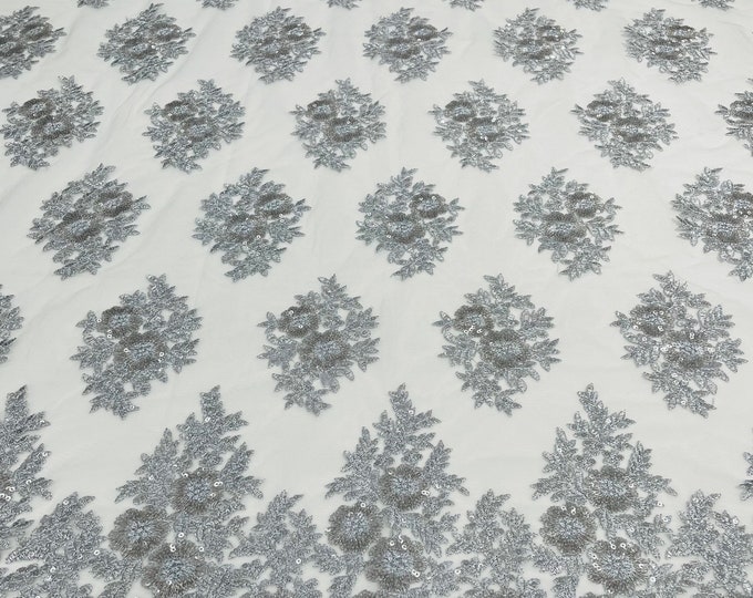 Silver Lace Fabric - by yard - Corded Flower Embroidery With Sequins on a Mesh Lace Fabric For Wedding-Bridal-Dress