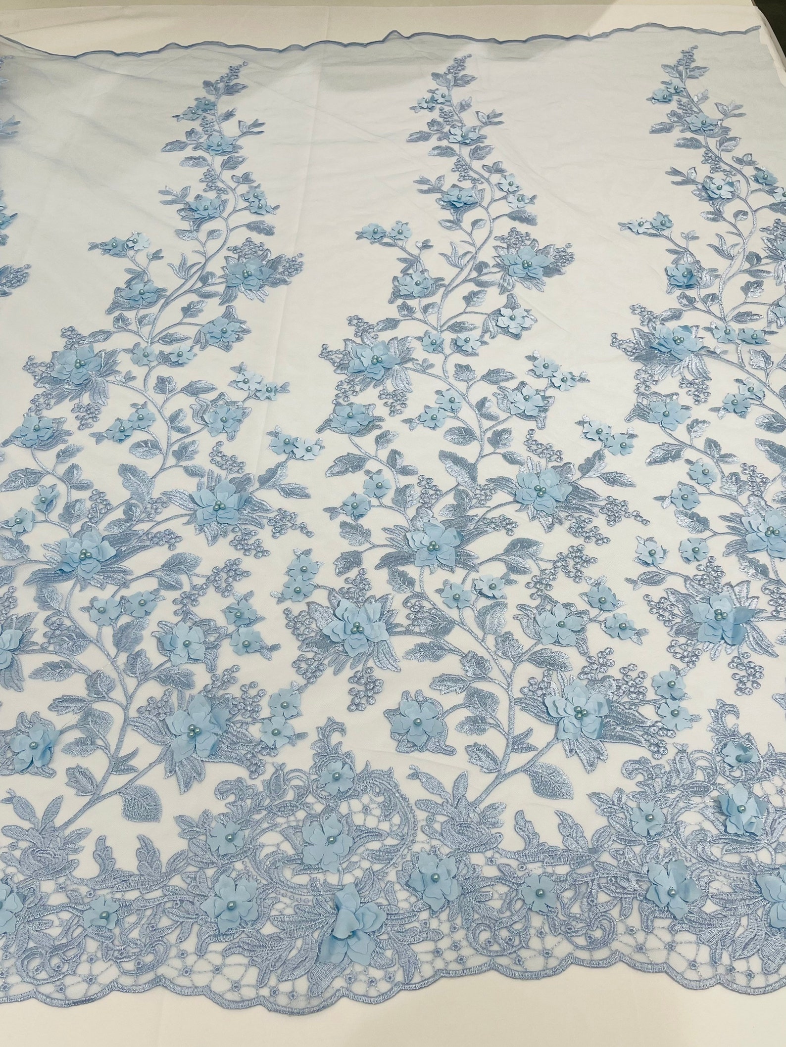 Baby Blue 3D Floral Design - by the Yard - Embroider Flower With Pearls ...