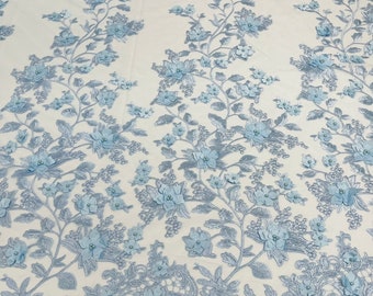 Baby Blue 3D Floral Design - by the yard - Embroider Flower With Pearls On a Mesh Lace-Prom-Dresses-Nightgown-Apparel
