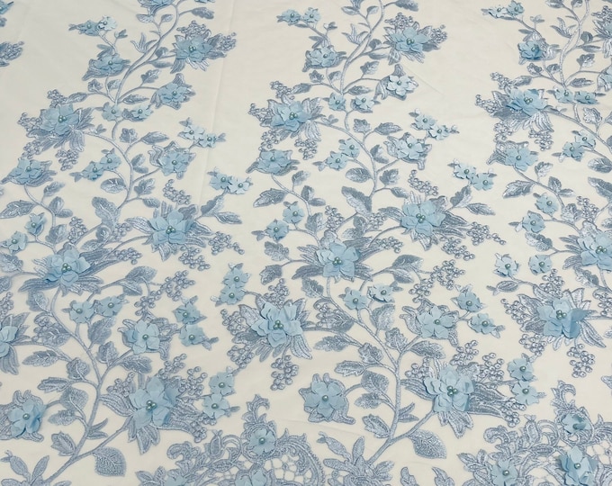 Baby Blue 3D Floral Design - by the yard - Embroider Flower With Pearls On a Mesh Lace-Prom-Dresses-Nightgown-Apparel
