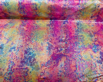 Iridescent Snake Print Fabric: Pink Yellow Metallic Nylon Spandex, 4-Way Stretch