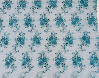 Teal Floral Lace Fabric with Sequins - Bridal Wedding Gown Lace By The Yard