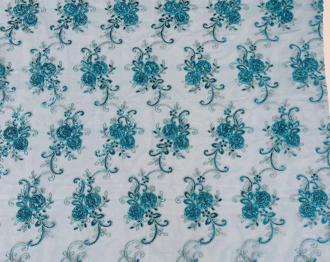 Teal Floral Lace Fabric - By The Yard - Embroidery Flower With Sequins on a Mesh Lace Fabric For Gown, Wedding-Bridal