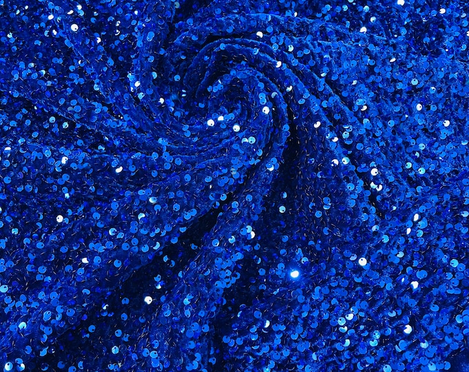 Royal Blue Sequin Velvet Fabric | on Royal Stretch Velvet | by the yard | all Over 5mm Sequins Velvet 2-way Stretch 58/60”