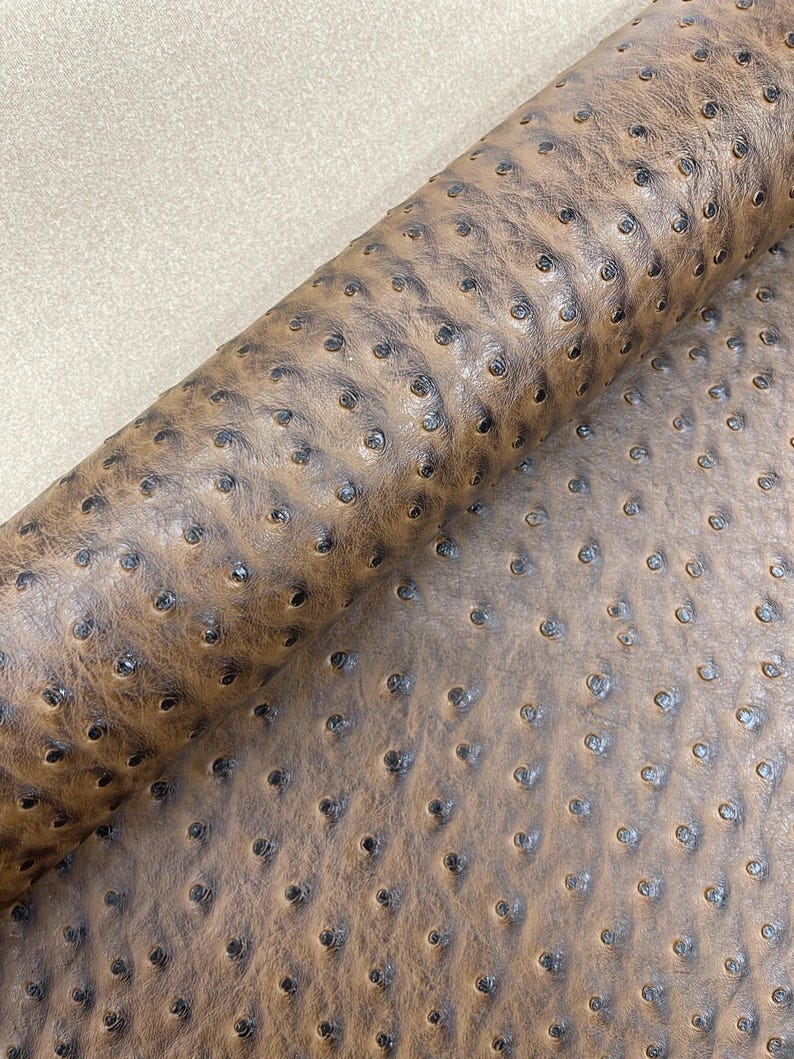 May include: Close-up of a rolled piece of brown leather with a textured, dimpled surface. The leather has a mottled appearance with darker spots, resembling ostrich skin. The material is likely used for crafting or upholstery.