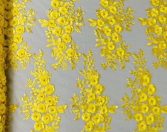 Yellow 3D Floral Lace Fabric by the yard, Flower Design Embroider With Rhinestones On a Mesh, Prom-Dresses-Nightgown-Apparel-Fashion