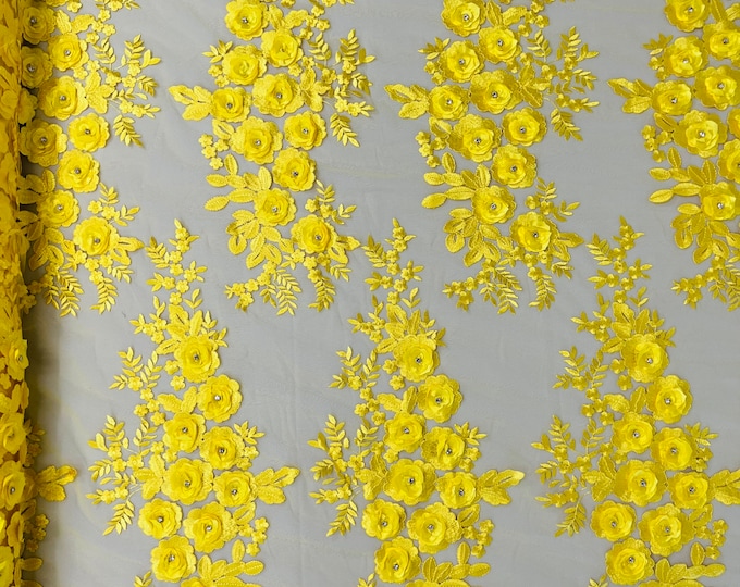 Yellow 3D Floral Lace Fabric by the yard, Flower Design Embroider With Rhinestones On a Mesh, Prom-Dresses-Nightgown-Apparel-Fashion