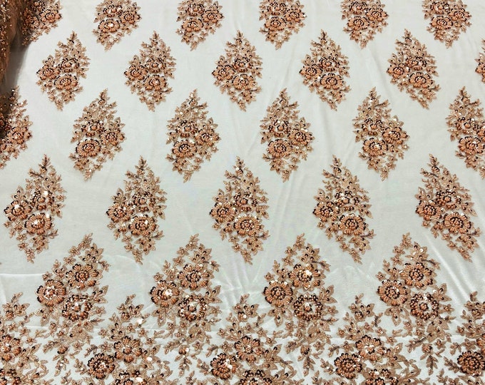 Blush Peach Floral Cluster Beaded Fabric - Sold By The Yard - Embroidered Flower Beaded Fabric Wedding Bridal