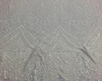 White Geometric Sequin Fabric: 4-Way Stretch Mesh, Prom Gown Fabric