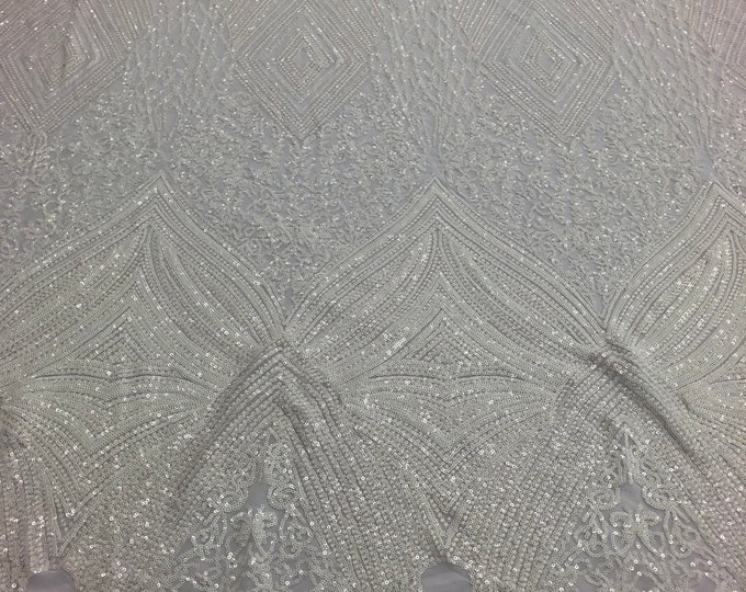 White 4 Way Stretch Geometric Sequins - Nova Design Triangular Fabric for Prom Gala Gown Sold By The Yard