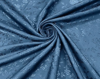 Coppen Blue Flower Brocade Jacquard Satin Fabric, Sold By The Yard Polyester Satin Floral Wide 58/60"  (Choose The Quantity)
