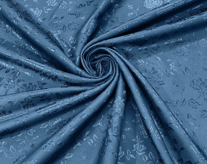 Coppen Blue Flower Brocade Jacquard Satin Fabric, Sold By The Yard Polyester Satin Floral Wide 58/60"  (Choose The Quantity)