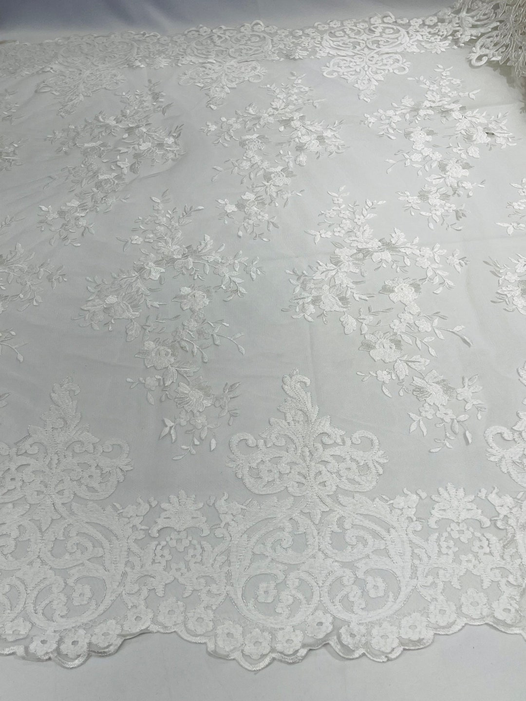 White floral damask embroider and heavy beaded on a mesh lace fabric-sold by the yard-