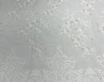 White Bridal Lace Fabric: Damask Embroidered Mesh, Floral Wedding Dress Lace By The Yard