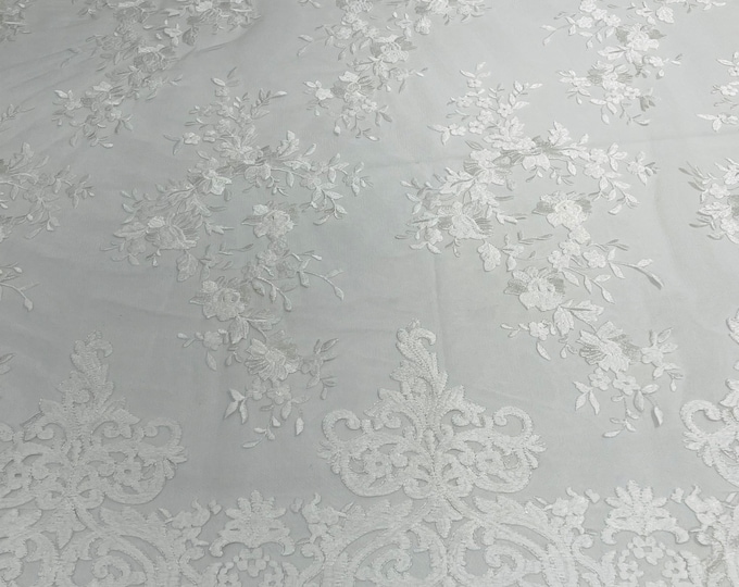 Of White Bridal Lace - by the yard - Damask Design Embroidered on Mesh Lace Fabric, Floral Wedding Dress (Pick a Size)
