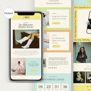 May include: A smartphone screen displaying a newsletter for a podcast called "The Millionaire Mindset Insider." The newsletter features a photo of a woman wearing white cowboy boots, a call to action to listen to the latest episode, and a countdown timer for the next episode launch.