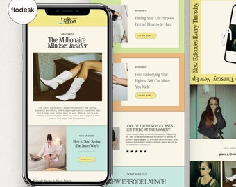 Może przedstawiać: Ekran smartfona wyświetlający biuletyn informacyjny dla podcastu o nazwie "The Millionaire Mindset Insider". Biuletyn zawiera zdjęcie kobiety w białych kowbojskich butach, wezwanie do działania, aby posłuchać najnowszego odcinka, oraz odliczanie do premiery następnego odcinka.