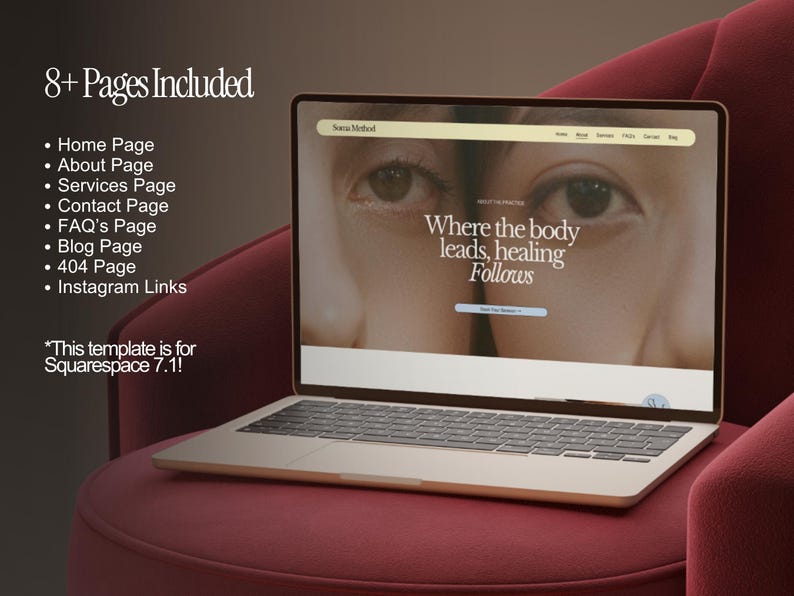 K&ouml;nnte beinhalten: Ein Laptop zeigt ein Website-Design mit dem Text "Where the body leads, healing follows." Der Laptop ist ge&ouml;ffnet und steht auf einem roten Samtstuhl. Der Bildschirm zeigt eine Website-Vorlage mit einem hellbeige-wei&szlig;en Farbschema. Der Text "8+ Pages Included" ist ebenfalls sichtbar.