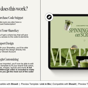 May include: A tablet screen displaying a website design template for Showit. The template features a green background with a spinning image of a matcha drink on scroll. The text "SPINNING IMAGE on SCROLL" is displayed on the screen.