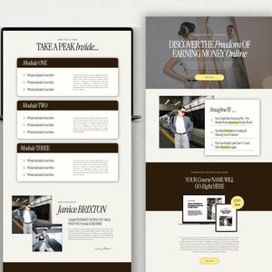Puede incluir: Una captura de pantalla de un sitio web que muestra una p&aacute;gina de aterrizaje de un curso con un esquema de color marr&oacute;n y blanco. La p&aacute;gina presenta a una mujer con una chaqueta negra y gafas de sol de pie frente a un tren. El texto en la p&aacute;gina dice "Take a Peak Inside..." y "Discover the Freedom of Earning Money Online".