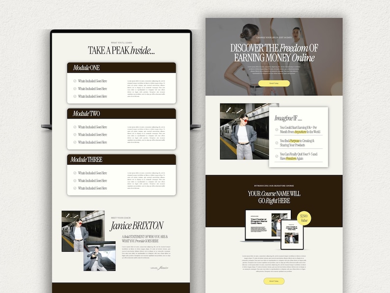 Puede incluir: Una captura de pantalla de un sitio web que muestra una p&aacute;gina de aterrizaje de un curso con un esquema de color marr&oacute;n y blanco. La p&aacute;gina presenta a una mujer con una chaqueta negra y gafas de sol de pie frente a un tren. El texto en la p&aacute;gina dice "Take a Peak Inside..." y "Discover the Freedom of Earning Money Online".