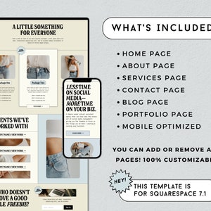 May include: A computer screen displaying a website template for Squarespace 7.1. The website features a light blue and yellow colour scheme with images of clothing and text that reads "A Little Something for Everyone", "Clients We've Worked With", "Who Doesn't Love a Good Ole Freebie?" and "Less Time on Social Media - More Time on Your Biz.". The text "What's Included" is displayed on a separate screen with a list of website pages included in the template: Home Page, About Page, Services Page, Contact Page, Blog Page, Portfolio Page, and Mobile Optimized. The text "You Can Add or Remove Any Pages! 100% Customizable" is also displayed. A red star with the word "Hey!" is displayed next to the text "This Template is for Squarespace 7.1".