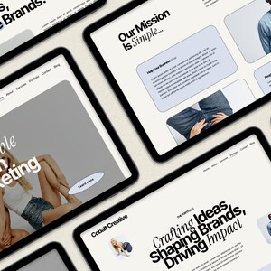 Puede incluir: Una maqueta de dise&ntilde;o de sitio web con el texto "Our Mission Is Simple..." y "Crafting Ideas, Shaping Brands, Driving Impact" sobre un fondo blanco. El dise&ntilde;o del sitio web es para una agencia creativa.