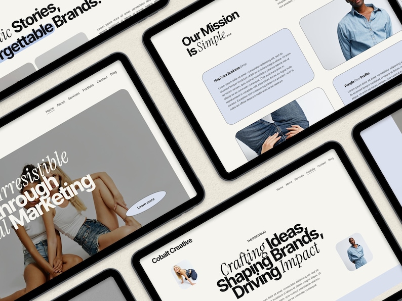 Puede incluir: Una maqueta de dise&ntilde;o de sitio web con el texto "Our Mission Is Simple..." y "Crafting Ideas, Shaping Brands, Driving Impact" sobre un fondo blanco. El dise&ntilde;o del sitio web es para una agencia creativa.