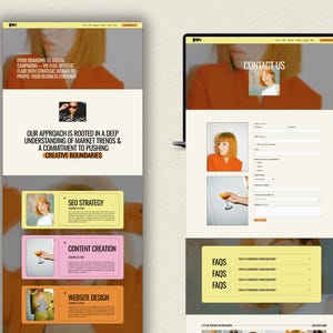 Op de afbeelding: Website-screenshot van een bedrijfswebsite met een geel en oranje kleurenschema. De website heeft een contactformulier, een sectie met veelgestelde vragen en een sectie die de diensten van het bedrijf belicht, waaronder SEO-strategie, contentcreatie en websiteontwerp.