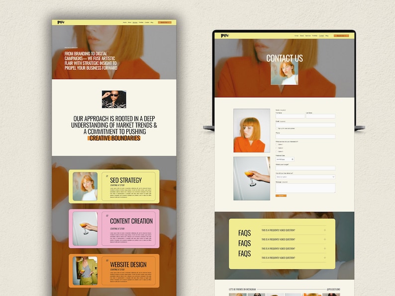 Op de afbeelding: Website-screenshot van een bedrijfswebsite met een geel en oranje kleurenschema. De website heeft een contactformulier, een sectie met veelgestelde vragen en een sectie die de diensten van het bedrijf belicht, waaronder SEO-strategie, contentcreatie en websiteontwerp.