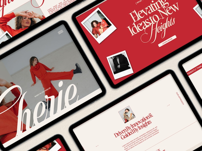 May include: Four tablet screens with a red background and white text. The text on the top screen reads "Elevating Ideas to New Heights". The text on the second screen reads "Driven By Innovation & Guided By Insights". The text on the third screen reads "Our Approach". The text on the fourth screen reads "Differently Than".