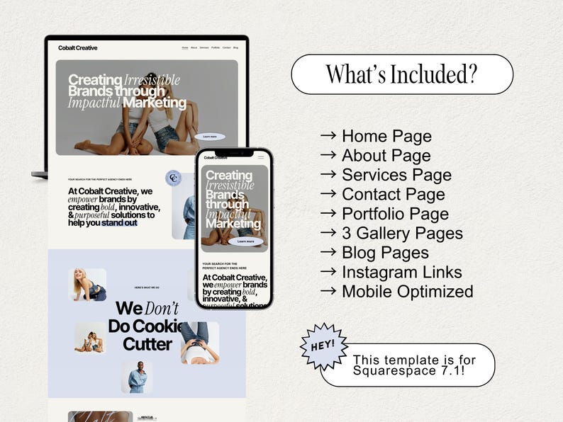 Puede incluir: Una maqueta de sitio web para una agencia de marketing llamada Cobalt Creative. El sitio web presenta un dise&ntilde;o moderno con un enfoque en la creaci&oacute;n de marketing impactante para las marcas. El sitio web incluye una p&aacute;gina de inicio, una p&aacute;gina sobre nosotros, una p&aacute;gina de servicios, una p&aacute;gina de contacto, una p&aacute;gina de cartera, 3 p&aacute;ginas de galer&iacute;a, p&aacute;ginas de blog, enlaces de Instagram y est&aacute; optimizado para dispositivos m&oacute;viles. El sitio web est&aacute; dise&ntilde;ado para Squarespace 7.1.