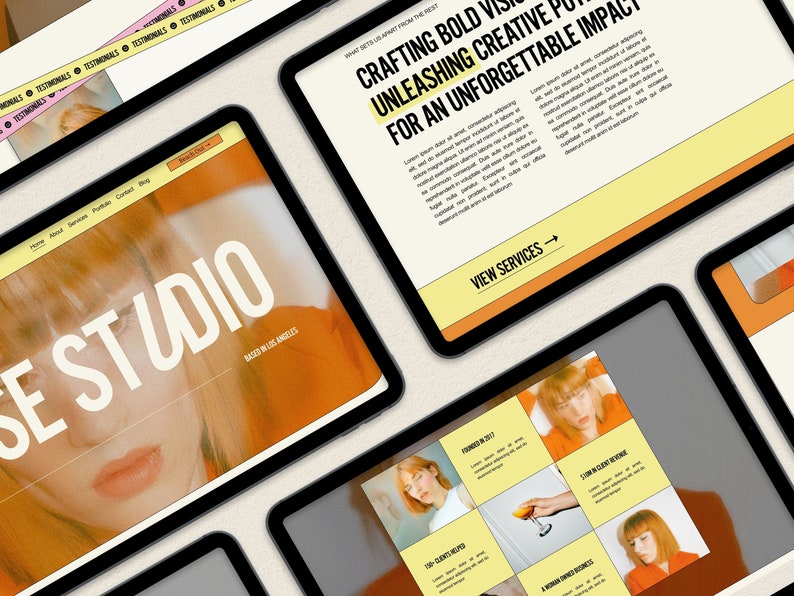 Op de afbeelding: Een website-homepage voor een creatief studio genaamd "The Studio" gevestigd in Los Angeles. De website heeft een gedurfd kleurpalet in oranje en geel met een grote afbeelding van een vrouwen gezicht. De tekst "Crafting bold vision, unleashing creative potential for an unforgettable impact" wordt weergegeven in een groot lettertype.
