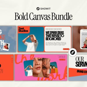 May include: A collection of website design templates with the text "Bold Canvas Bundle". The designs feature images, text, and color blocks in various layouts. The Showit logo is visible.
