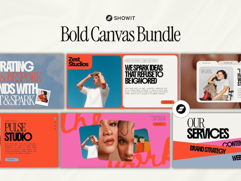 May include: A collection of website design templates with the text "Bold Canvas Bundle". The designs feature images, text, and color blocks in various layouts. The Showit logo is visible.