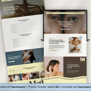 K&ouml;nnte beinhalten: Zwei Website-Mockups auf einer hellgrauen Oberfl&auml;che. Eines zeigt "Everything You Need to Know" und das andere "Where the body leads, healing follows". Die Websites zeigen Bilder und Text mit Fokus auf Wellness und Heilung.