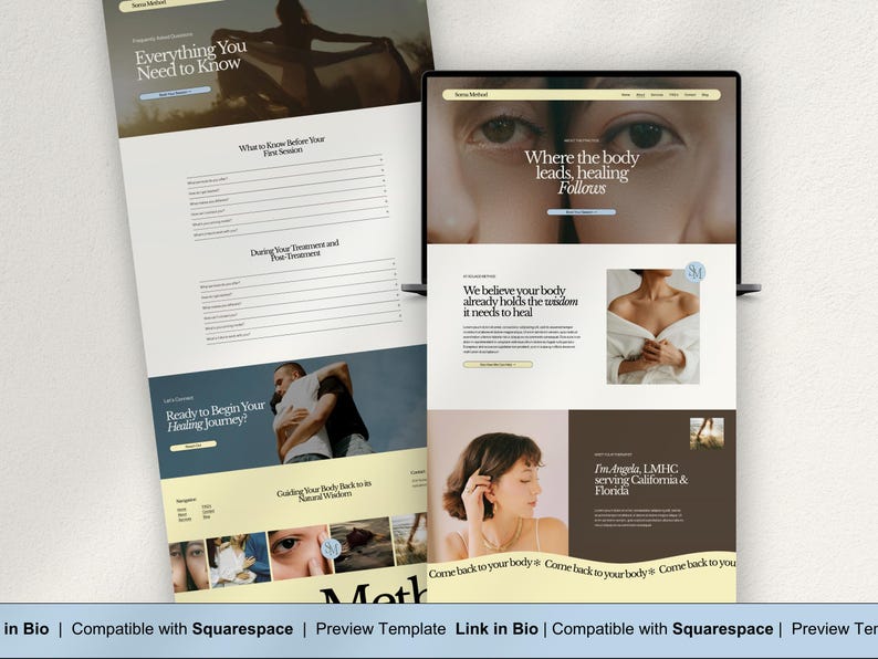 K&ouml;nnte beinhalten: Zwei Website-Mockups auf einer hellgrauen Oberfl&auml;che. Eines zeigt "Everything You Need to Know" und das andere "Where the body leads, healing follows". Die Websites zeigen Bilder und Text mit Fokus auf Wellness und Heilung.