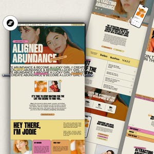 以下が含まれることがあります： 「Aligned Abundance」というテキストと「Create Abundance & Become a Lucky Girl」というキャッチフレーズが書かれた女性が写っているウェブサイトのスクリーンショット。ウェブサイトには、ポッドキャストのロゴと、望む人生を待つことをやめることについての引用も掲載されている。