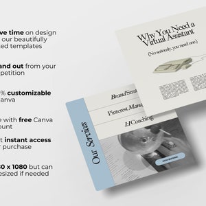 May include: A blue and white graphic with the text "Our Services" and the text "Why You Need a Virtual Assistant (No seriously, you need one.)"  The graphic also includes the text "Brand Strat", "Pinterest Mana", and "1:1 Coaching".