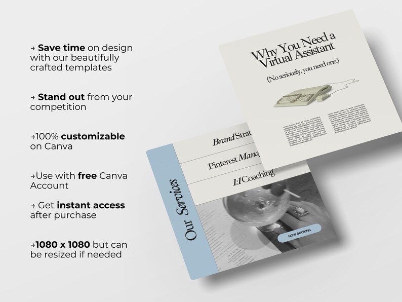 May include: A blue and white graphic with the text "Our Services" and the text "Why You Need a Virtual Assistant (No seriously, you need one.)"  The graphic also includes the text "Brand Strat", "Pinterest Mana", and "1:1 Coaching".