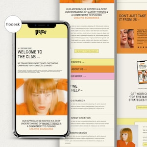 Może przedstawiać: Zrzut ekranu strony internetowej pokazujący telefon komórkowy z żółtym i różowym tłem. Telefon wyświetla stronę internetową z tekstem "Witamy w klubie" i "Przekształcamy koncepcje w wciągające kampanie, które łączą i konwertują". Strona internetowa zawiera również kobietę z czerwonymi włosami w czerwonej koszuli.