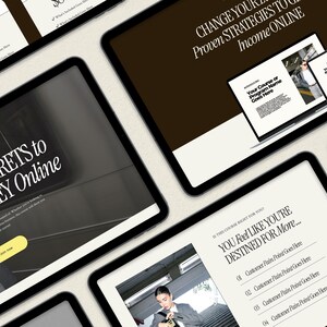 Puede incluir: Una pantalla de computadora port&aacute;til que muestra una descripci&oacute;n del curso con el texto "Cambia tus estrategias probadas para generar ingresos en l&iacute;nea". La computadora port&aacute;til est&aacute; sobre un fondo marr&oacute;n con un borde blanco. El texto "Valor de $2500" est&aacute; en un c&iacute;rculo amarillo en la esquina superior derecha de la imagen.