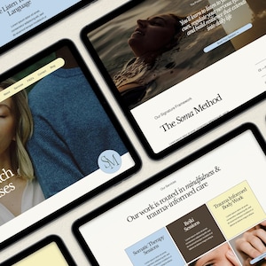 K&ouml;nnte beinhalten: Mehrere Tablets zeigen Webseiten mit Text und Bildern. Die Website bewirbt "The Soma Method" und bietet Dienstleistungen wie Somatische Therapie, Reiki-Sitzungen und Trauma-informierte K&ouml;rperarbeit an. Das Farbschema ist neutral mit blauen und gelben Akzenten.