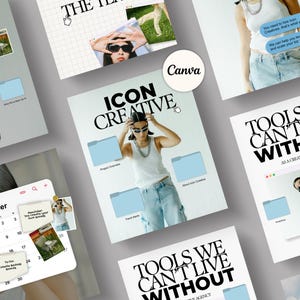 Könnte beinhalten: Ein digitales Marketing- und Designkonzept mit dem Text "ICON CREATIVE" und "TOOLS WE CAN'T LIVE WITHOUT". Das Bild zeigt eine Person mit Sonnenbrille und weißem Tanktop, hellblauen Ordnern und einem Canva-Logo.