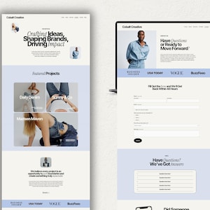 Puede incluir: Una p&aacute;gina de inicio de sitio web para Cobalt Creative, una empresa que crea ideas, da forma a las marcas e impulsa el impacto. El sitio web presenta un fondo azul claro con un encabezado y texto blancos. El encabezado incluye el nombre de la empresa, "Cobalt Creative", y el lema, "Crafting Ideas, Shaping Brands, Driving Impact". El sitio web tambi&eacute;n presenta una secci&oacute;n llamada "Proyectos destacados" con im&aacute;genes de tres proyectos diferentes. El sitio web tambi&eacute;n incluye un formulario de contacto y una secci&oacute;n con preguntas frecuentes.