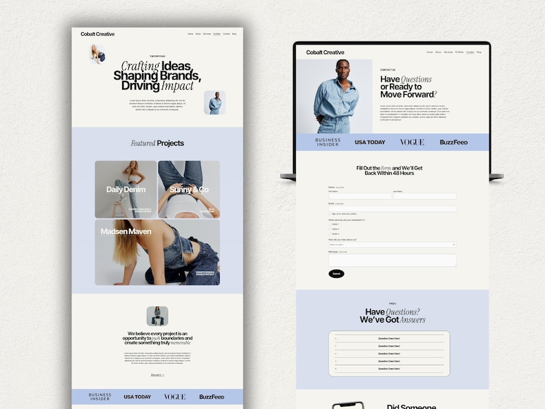 Puede incluir: Una p&aacute;gina de inicio de sitio web para Cobalt Creative, una empresa que crea ideas, da forma a las marcas e impulsa el impacto. El sitio web presenta un fondo azul claro con un encabezado y texto blancos. El encabezado incluye el nombre de la empresa, "Cobalt Creative", y el lema, "Crafting Ideas, Shaping Brands, Driving Impact". El sitio web tambi&eacute;n presenta una secci&oacute;n llamada "Proyectos destacados" con im&aacute;genes de tres proyectos diferentes. El sitio web tambi&eacute;n incluye un formulario de contacto y una secci&oacute;n con preguntas frecuentes.