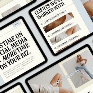 May include: A website landing page with the text "LESSTIME ON SOCIAL MEDIA - MORETIME ON YOUR BIZ."  The page also features a section titled "CLIENTS WE'VE WORKED WITH" with three client names and links to view their work.  The page also includes a section titled "PORTFOLIO WORK" with a photo of a woman wearing jeans and a white top.