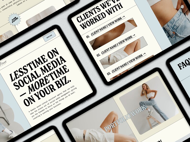 May include: A website landing page with the text "LESSTIME ON SOCIAL MEDIA - MORETIME ON YOUR BIZ."  The page also features a section titled "CLIENTS WE'VE WORKED WITH" with three client names and links to view their work.  The page also includes a section titled "PORTFOLIO WORK" with a photo of a woman wearing jeans and a white top.