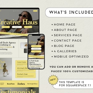 May include: A website mockup for a creative agency called "Creative Haus". The website features a yellow and black color scheme and includes a home page, about page, services page, contact page, blog page, 4 galleries, and is mobile optimized. The website is designed for Squarespace 7.1.