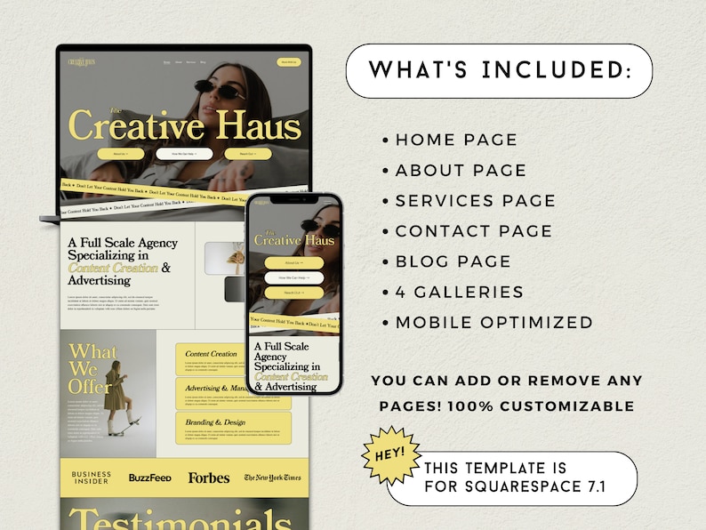 May include: A website mockup for a creative agency called "Creative Haus". The website features a yellow and black color scheme and includes a home page, about page, services page, contact page, blog page, 4 galleries, and is mobile optimized. The website is designed for Squarespace 7.1.